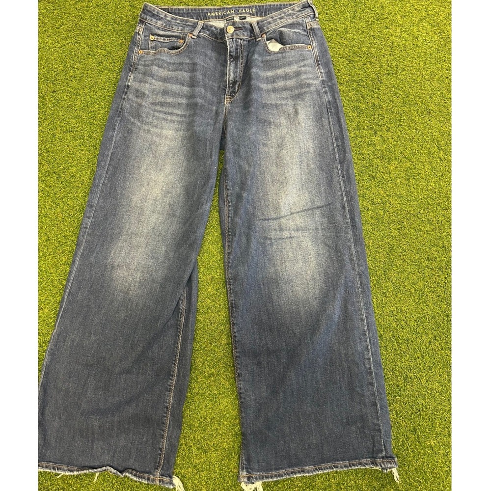 American Eagle Wide Leg Stretch Jeans Medium Wash Raw Hem R8L3BB6
